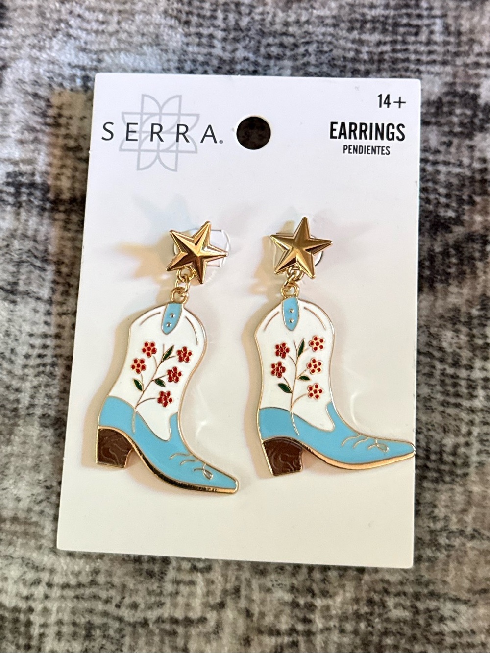 Serra White, Light Blue & Gold Star Cowboy Boot Drop Earrings